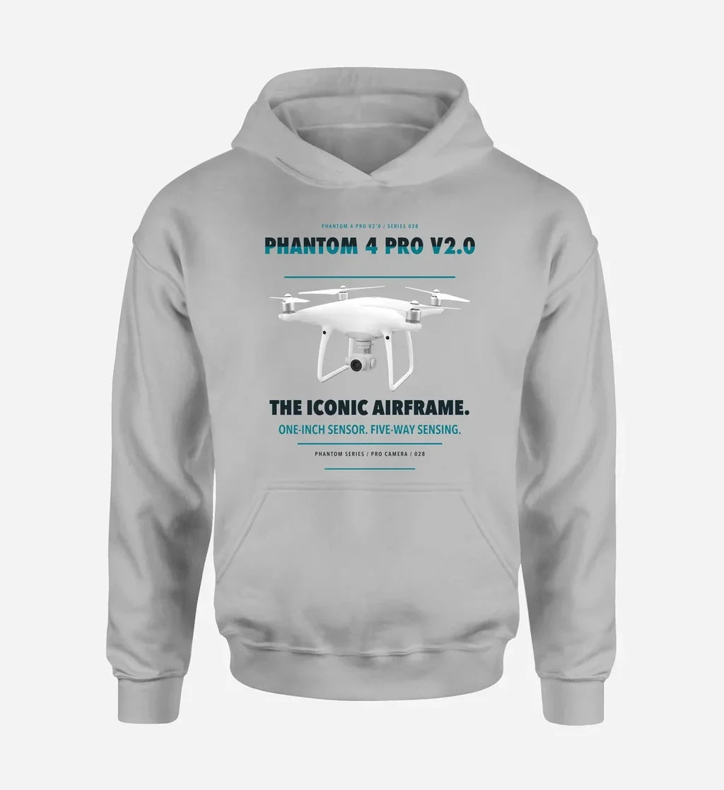 DJI Phantom 4 Pro V2.0 design on light gray hoodie single side