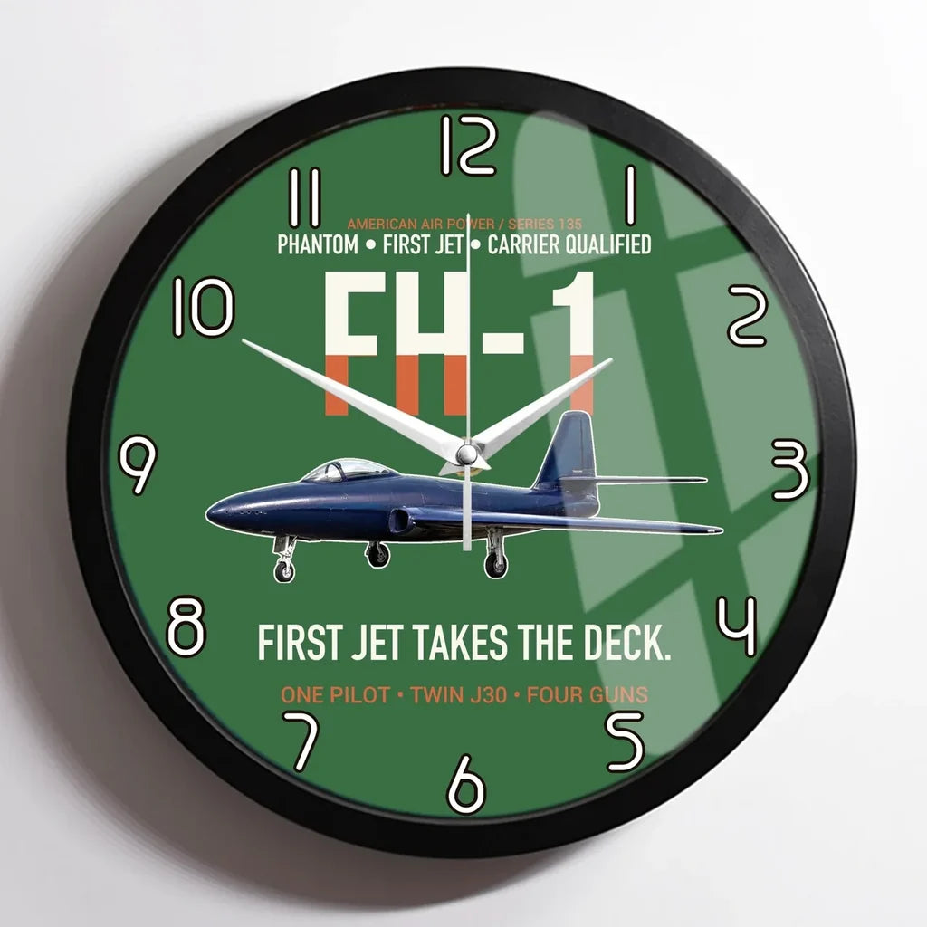 FH-1 Phantom First Jet Takes the Deck design on green framed wall clock
