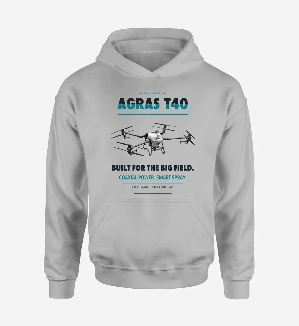 DJI Agras T40 design on light gray hoodie single side