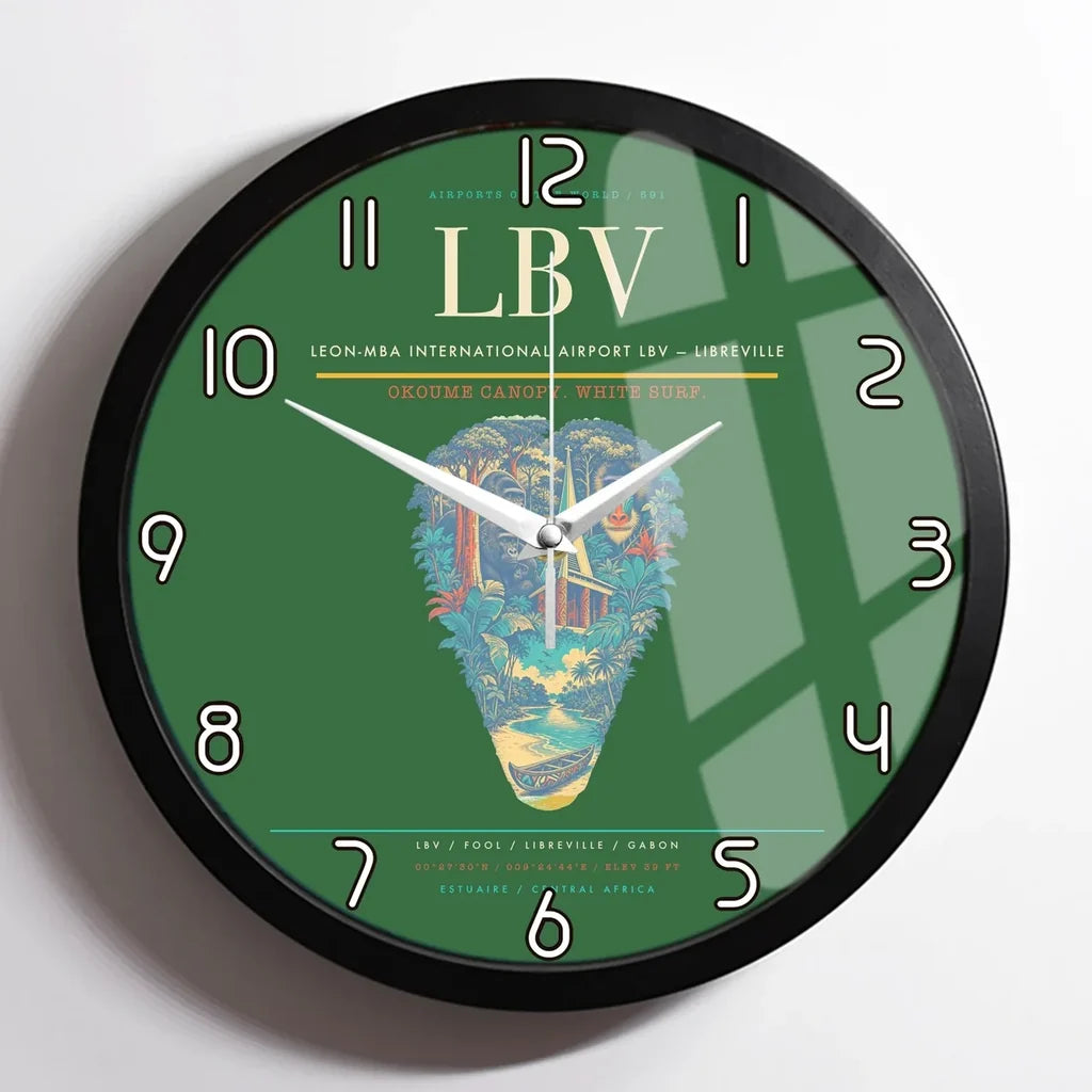 Leon-Mba International Airport (LBV) design on green framed wall clock