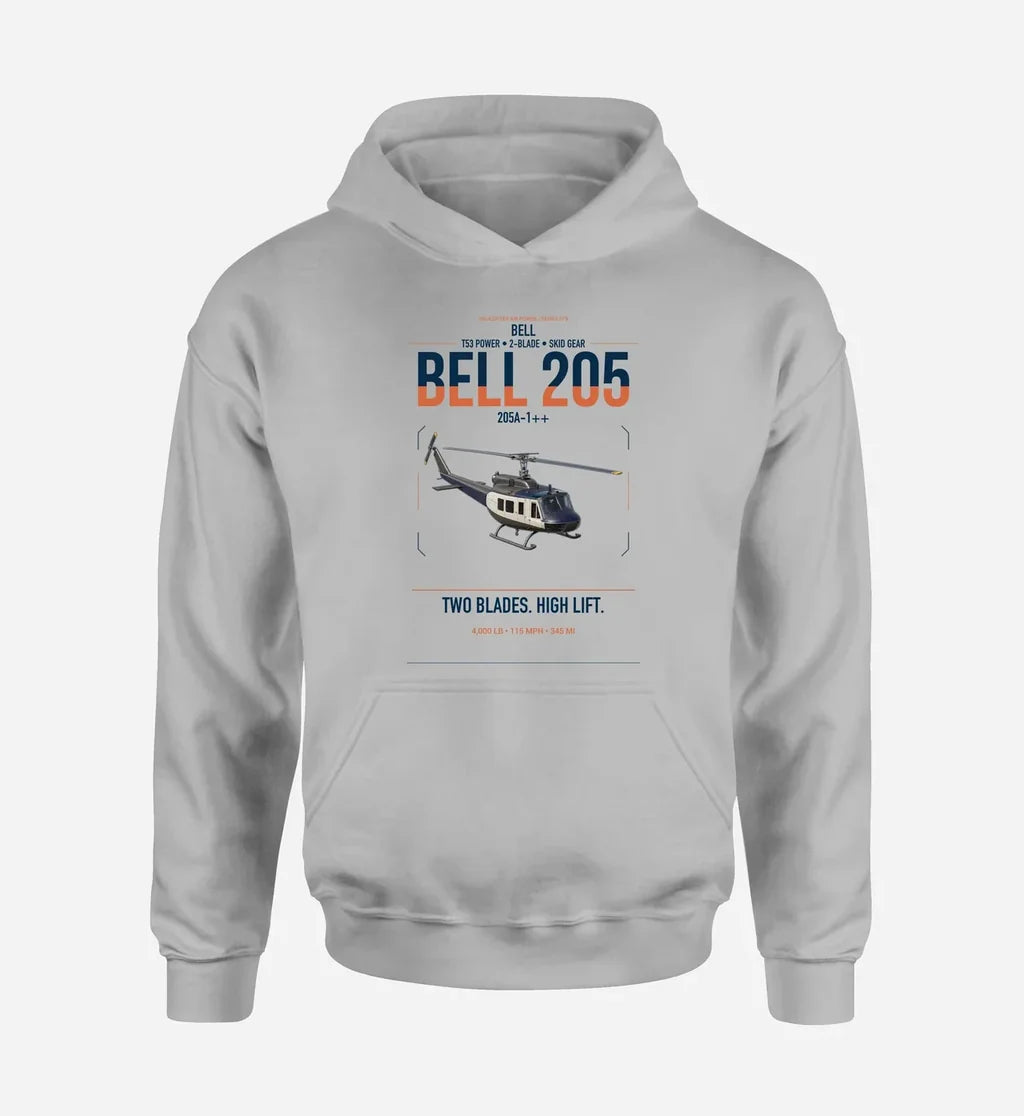 Bell 205A-1++ design on light gray double-side hoodie, single-side print