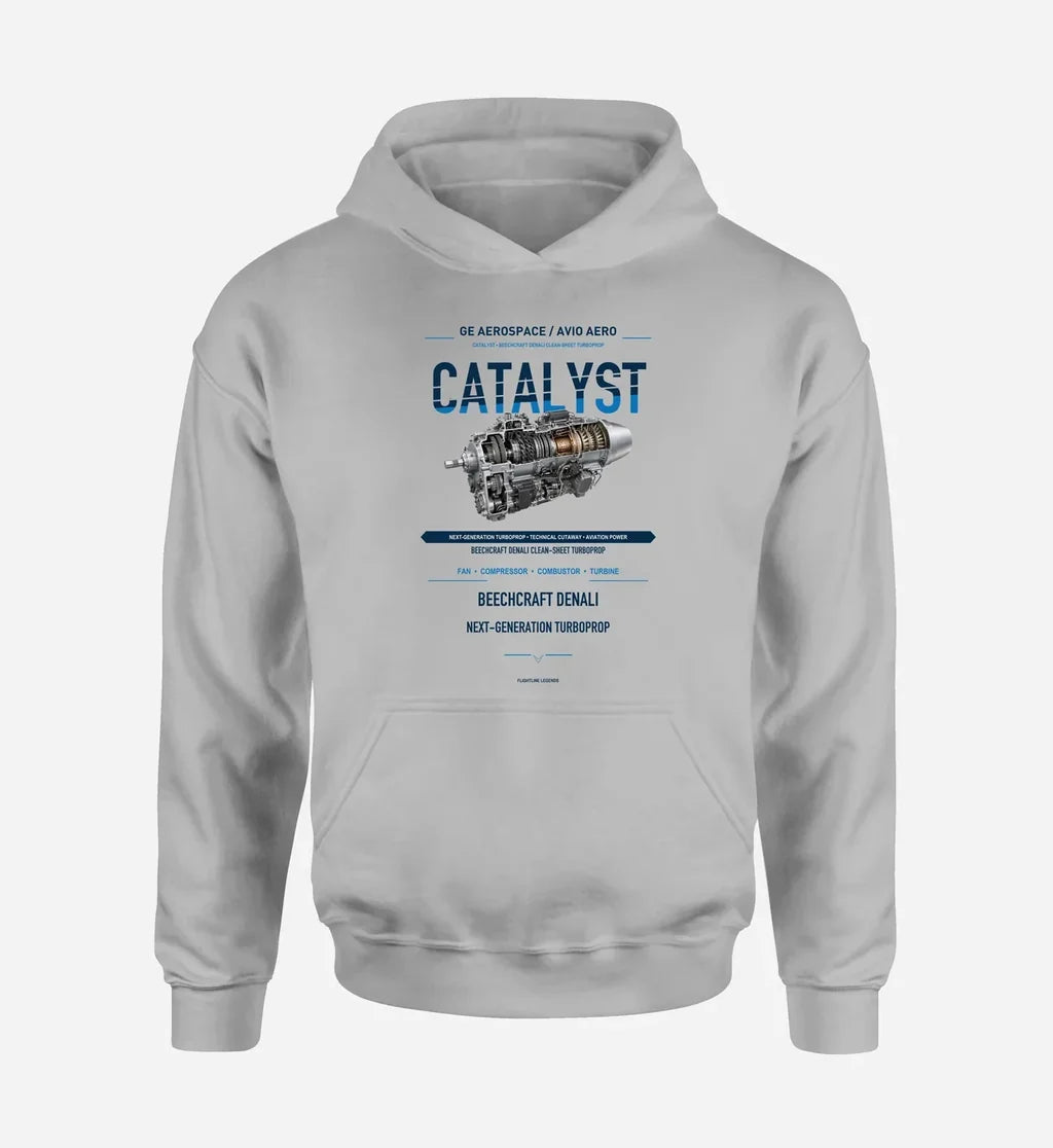 CATALYST design on light gray hoodie single side