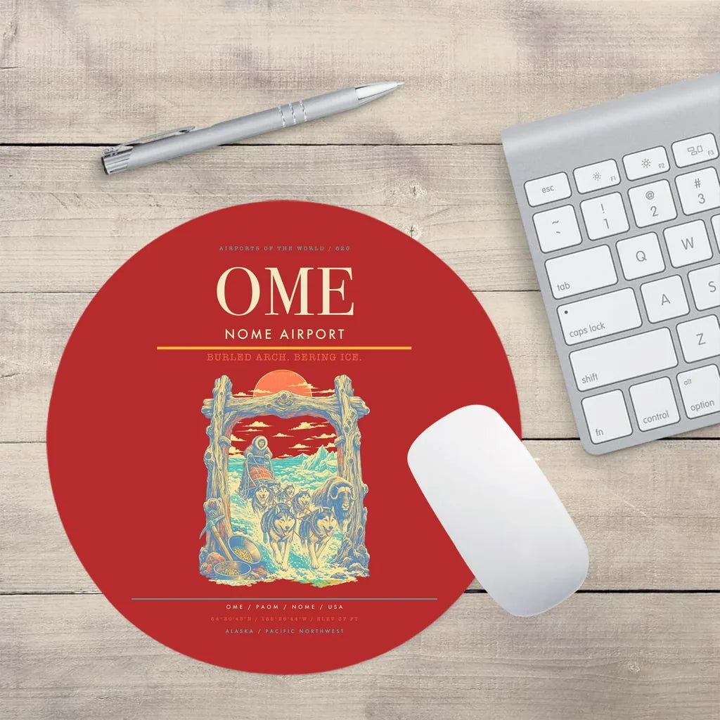 Nome Airport (OME) design on red round mouse pad