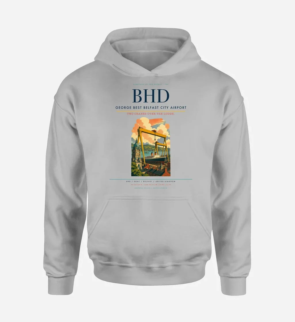 George Best Belfast City Airport (BHD) design on light gray hoodie single-side print