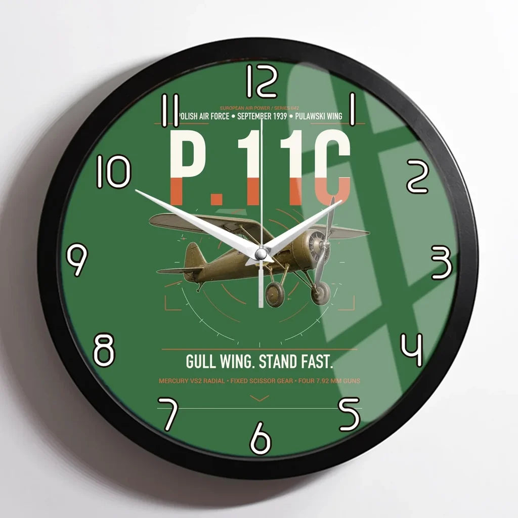 PZL P.11c design on green framed wall clock