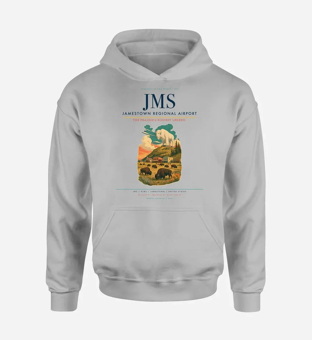 Jamestown Regional Airport (JMS) design on light gray hoodie single-side print
