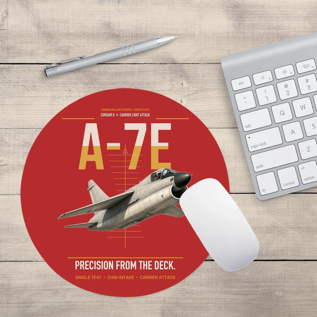 A-7E Corsair II design on red round mouse pad