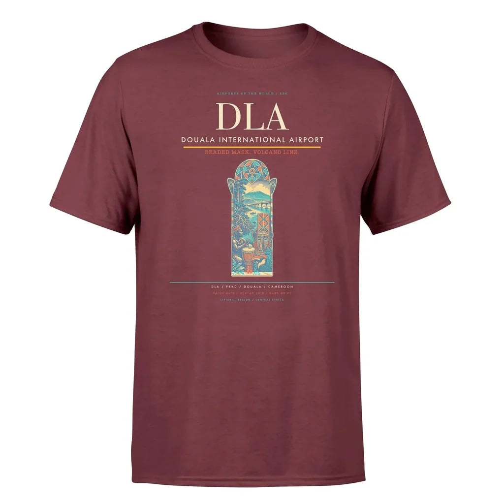Douala International Airport (DLA) T-Shirt single-side front print in Dark Red | douala-international-airport-dla-double-side-t-shirt