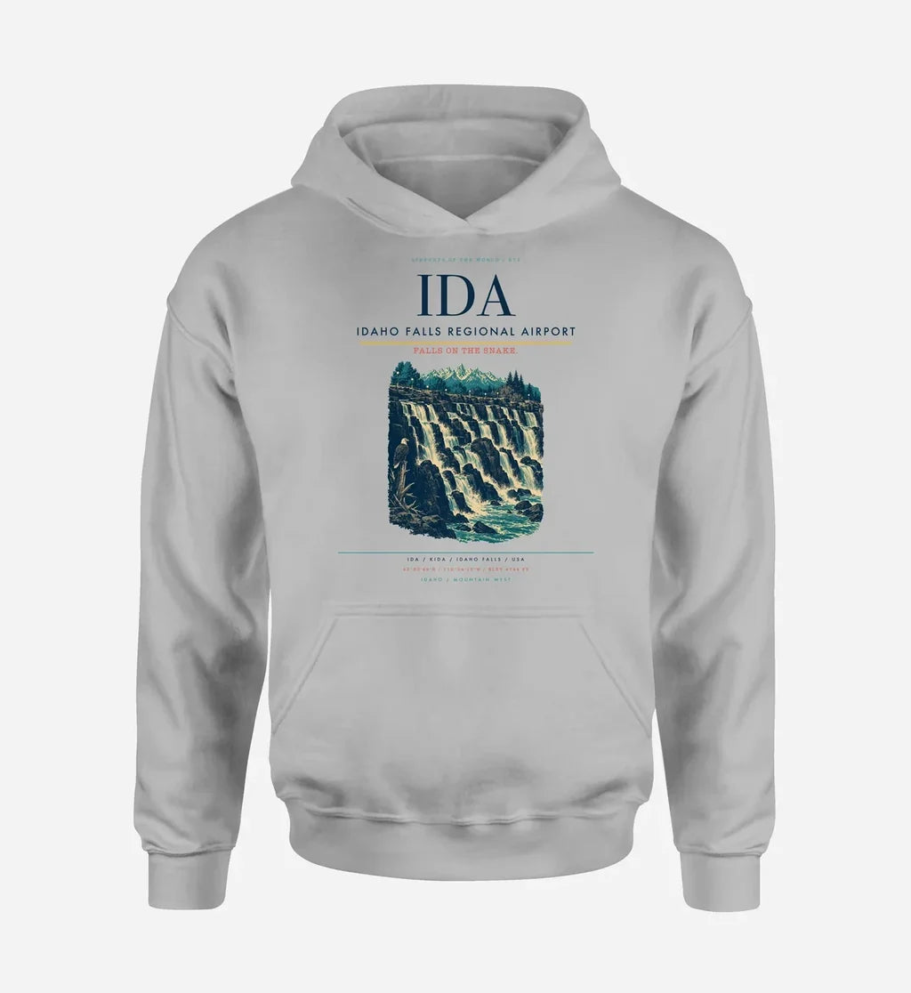 Idaho Falls Regional Airport (IDA) design on light gray hoodie single-side print