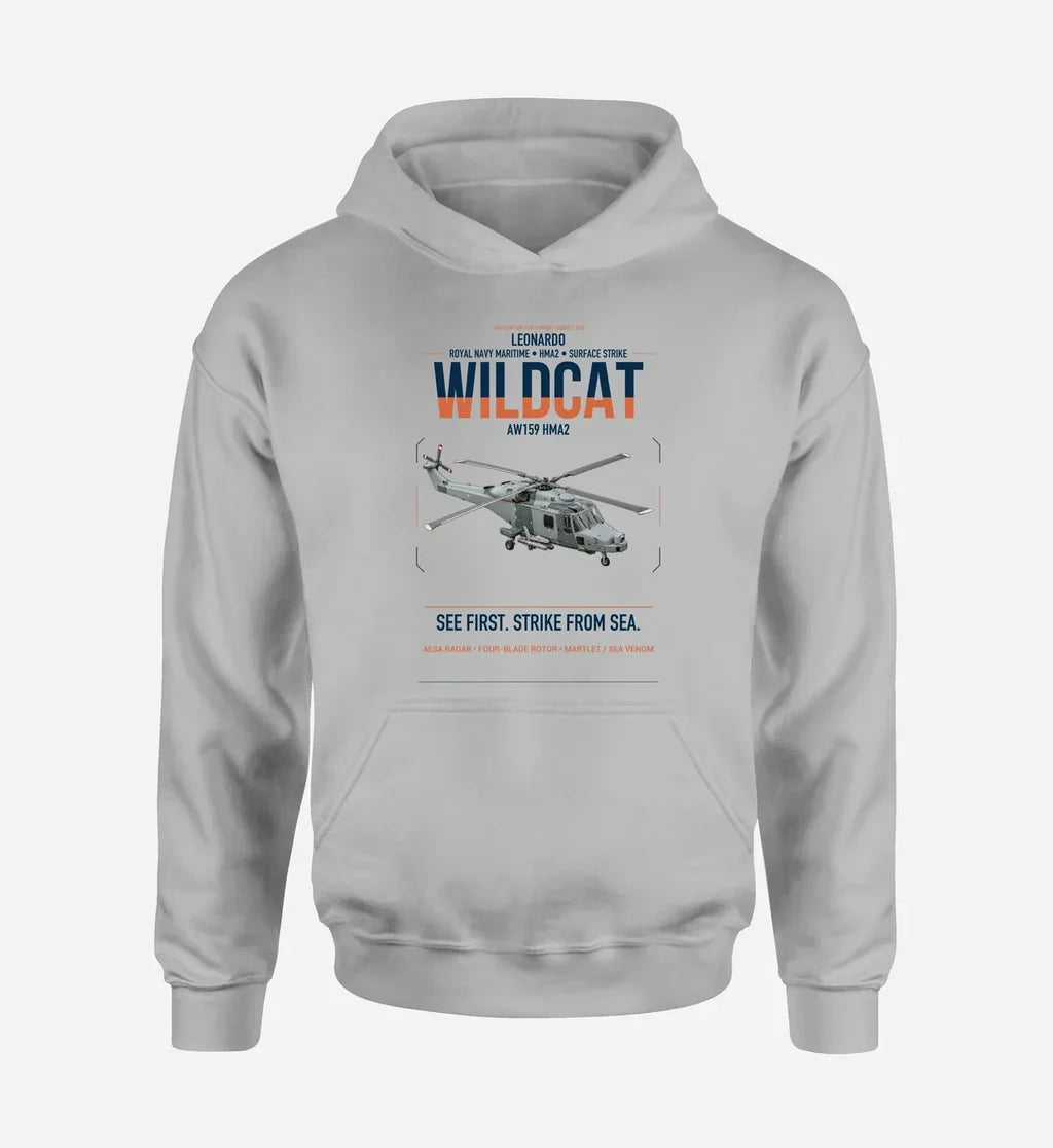 Leonardo AW159 Wildcat HMA2 design on light gray double-side hoodie, single-side print