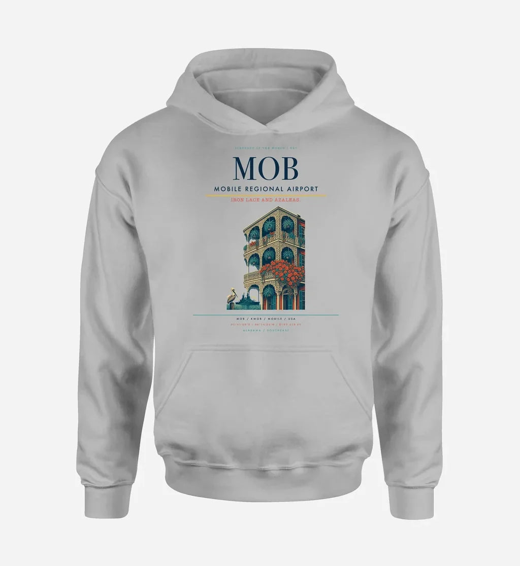 Mobile Regional Airport (MOB) design on light gray hoodie single-side print