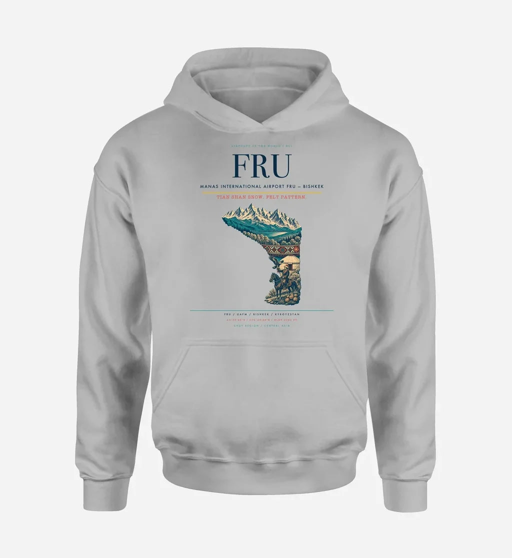 Manas International Airport (FRU) design on light gray hoodie single-side print