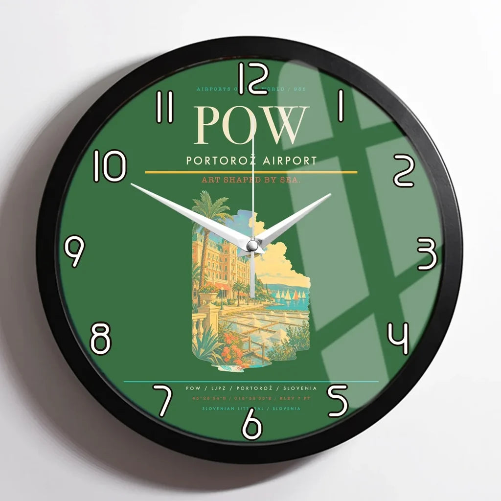 Portorož Airport (POW) design on green framed wall clock