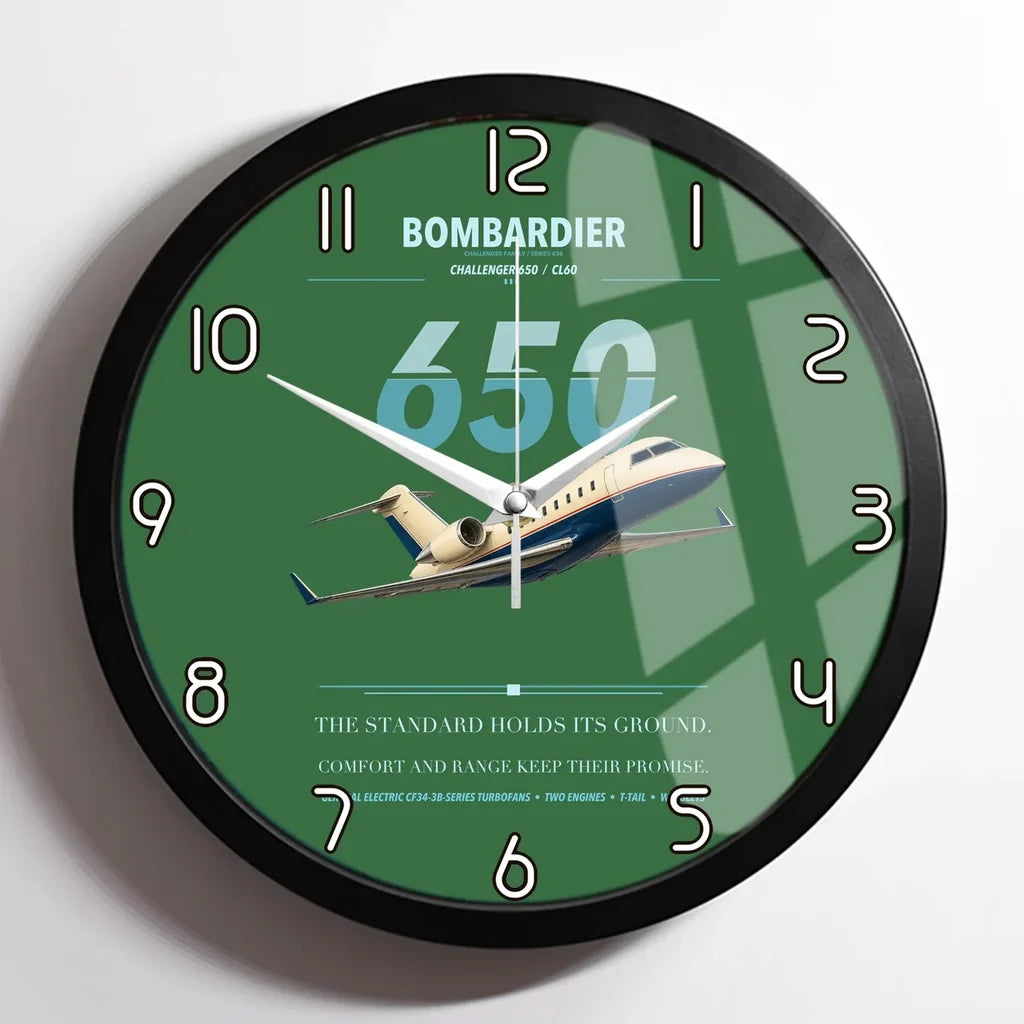 Bombardier Challenger 650 design on green framed wall clock