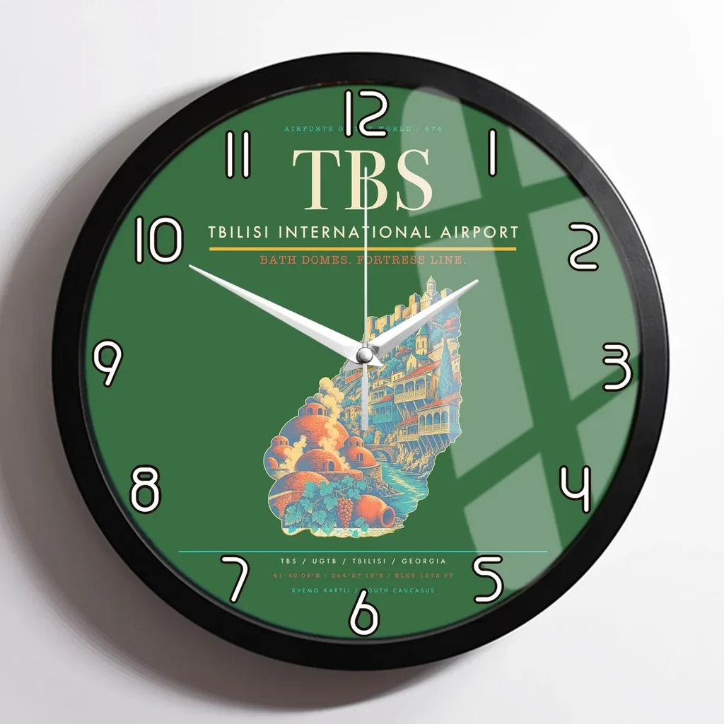 Tbilisi International Airport (TBS) design on green framed wall clock