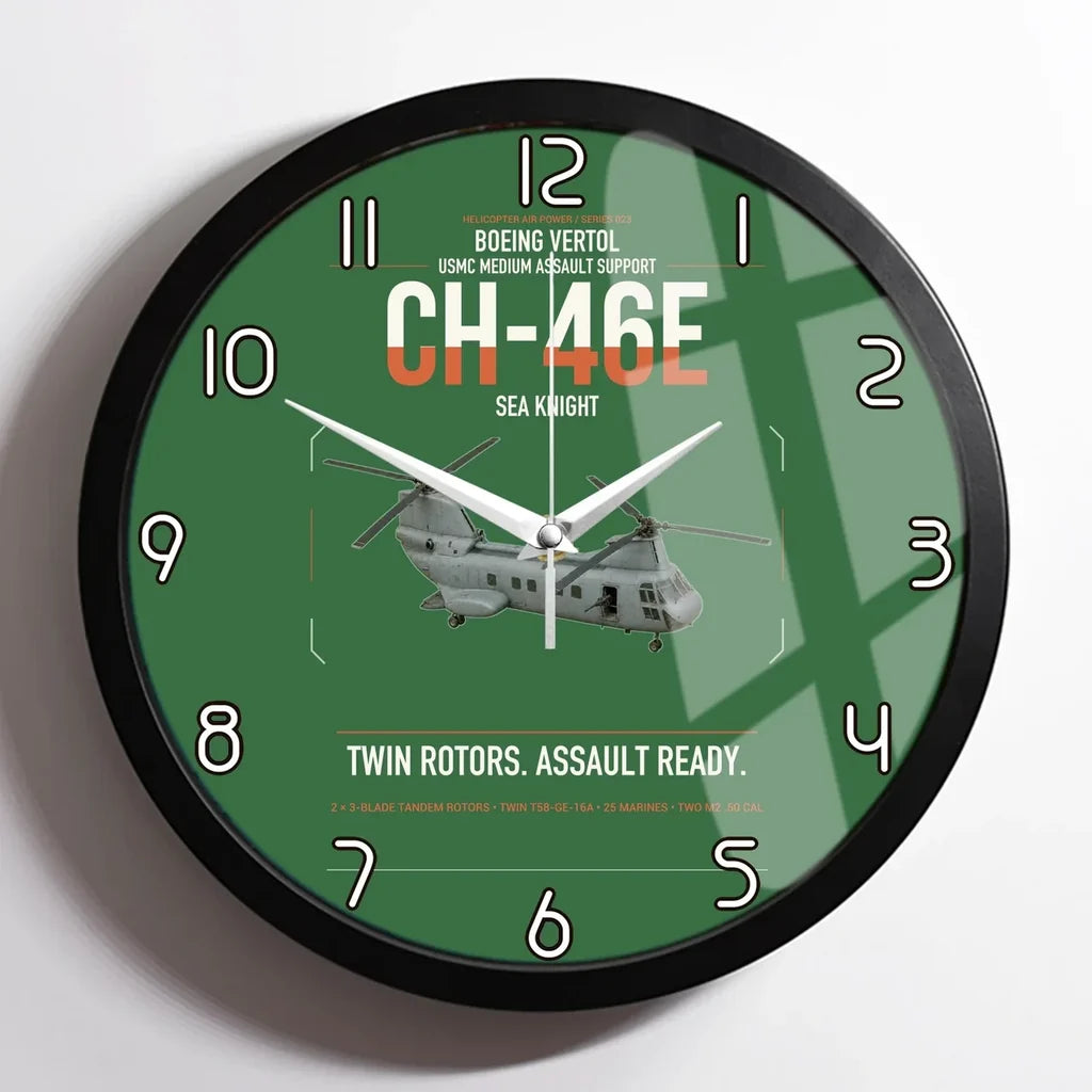 Boeing Vertol CH-46E Sea Knight design on green framed wall clock