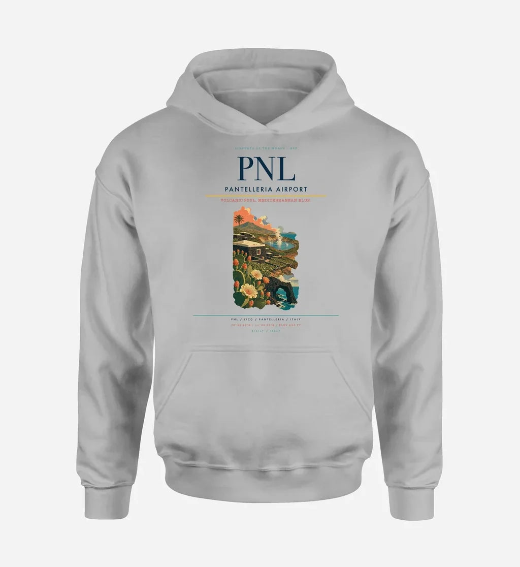 Pantelleria Airport (PNL) design on light gray hoodie single-side print