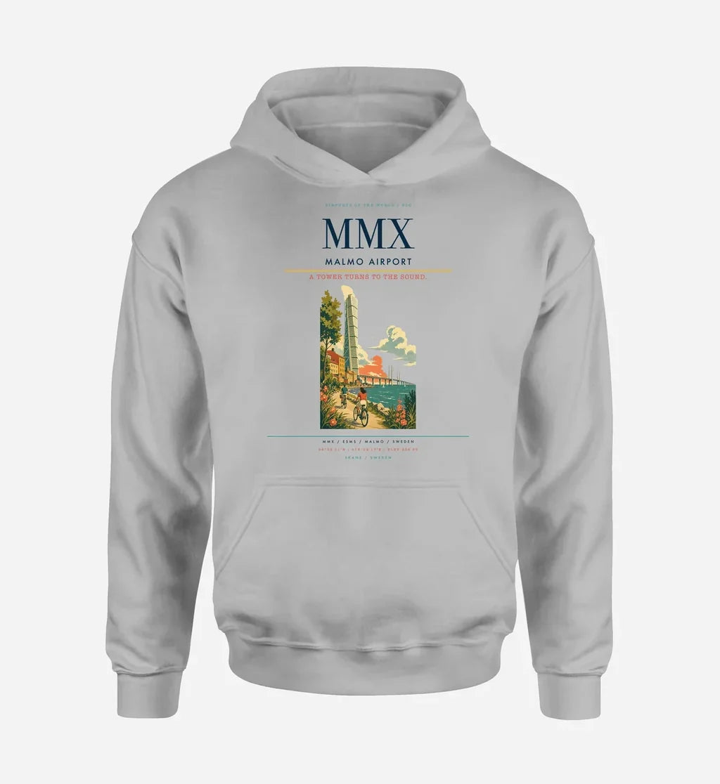 Malmo Airport (MMX) design on light gray hoodie single-side print