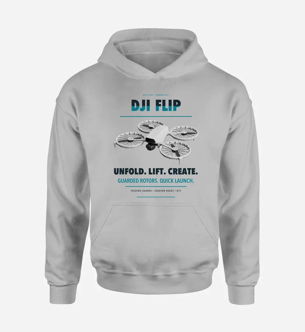 DJI Flip design on light gray hoodie single side