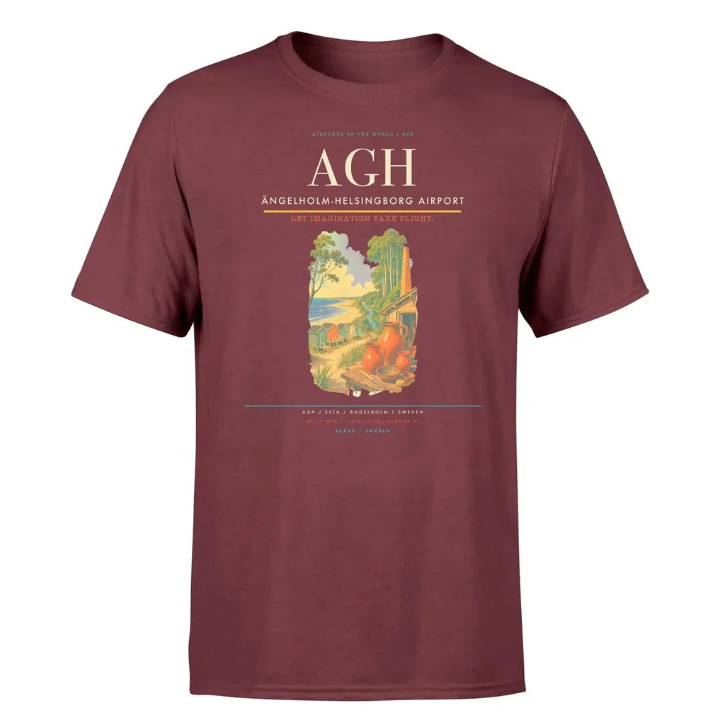 Ängelholm-Helsingborg Airport (AGH) T-Shirt single-side front print in Dark Red | ängelholm-helsingborg-airport-agh-double-side-t-shirt