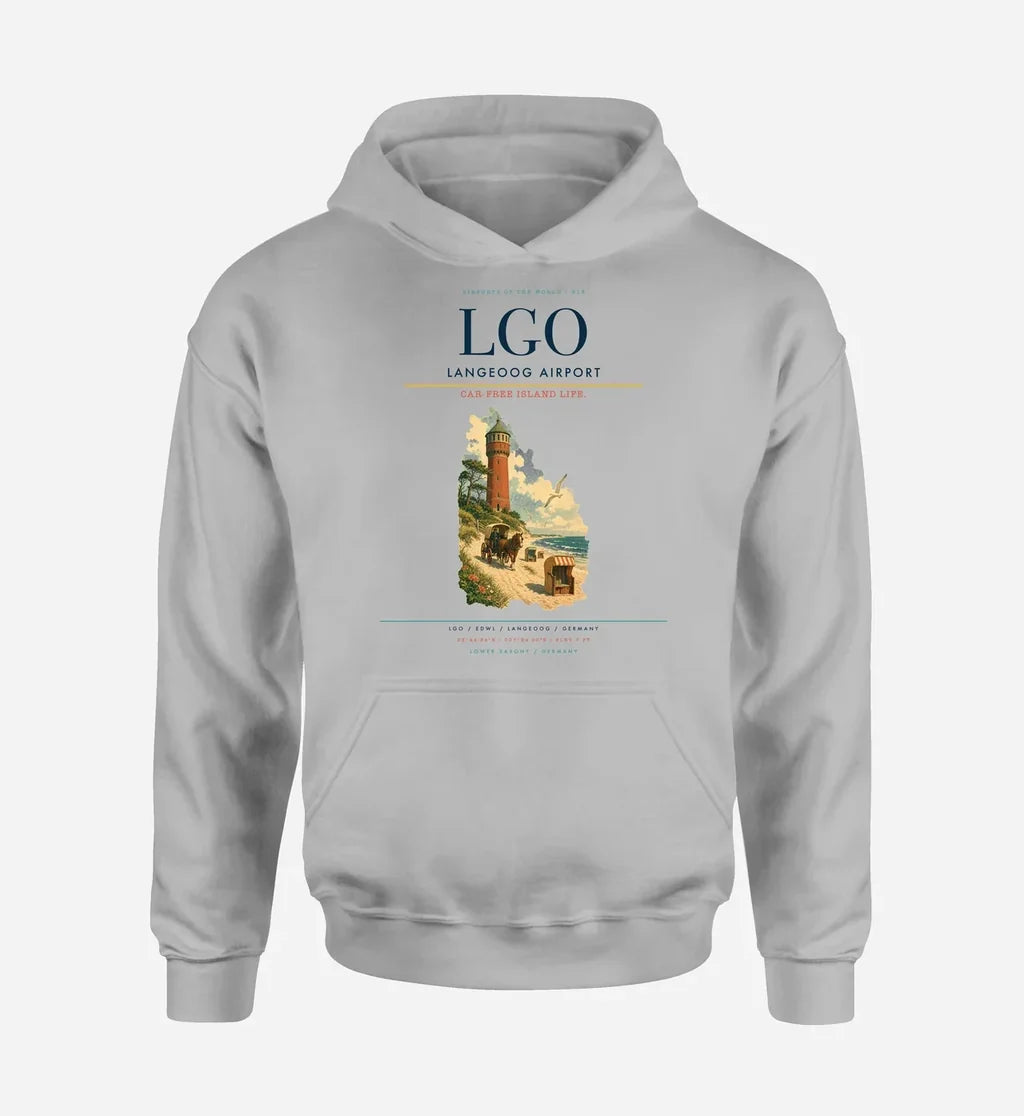Langeoog Airport (LGO) design on light gray hoodie single-side print