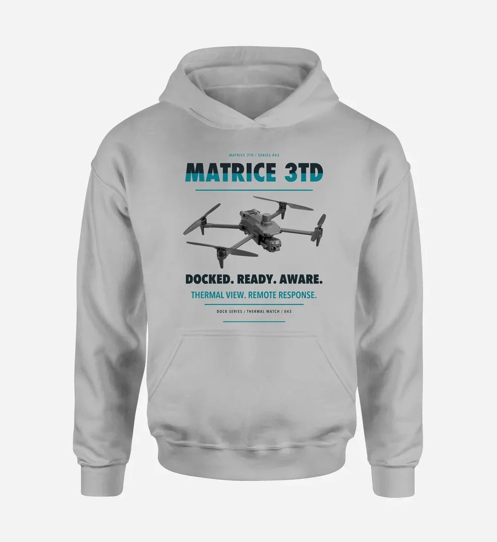 DJI Matrice 3TD design on light gray hoodie single side