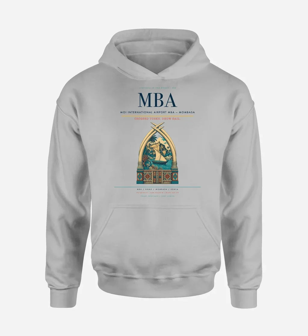 Moi International Airport (MBA) design on light gray hoodie single-side print