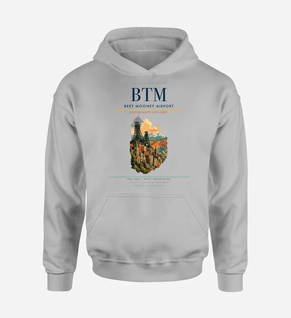 Bert Mooney Airport (BTM) design on light gray hoodie single-side print