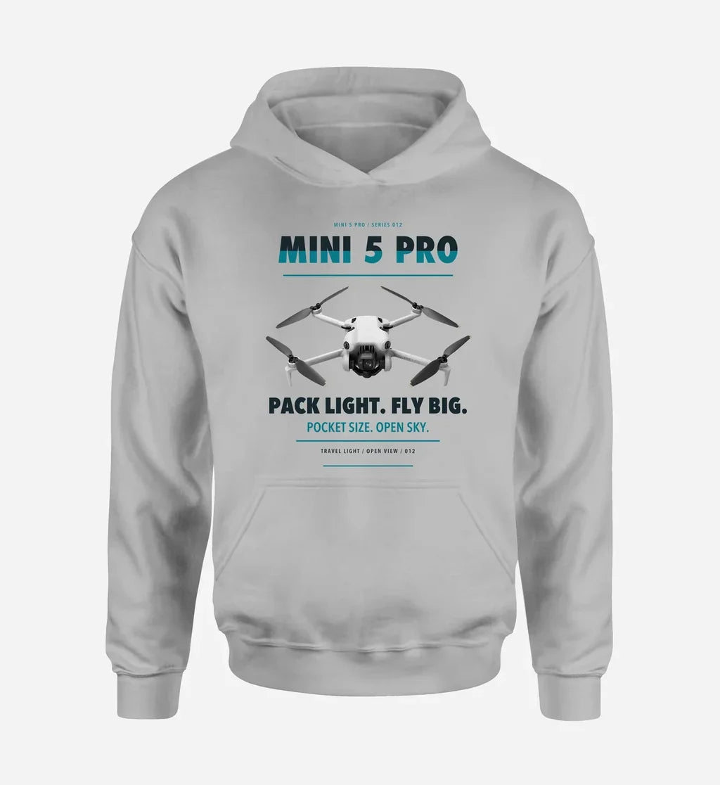 DJI Mini 5 Pro design on light gray hoodie single side