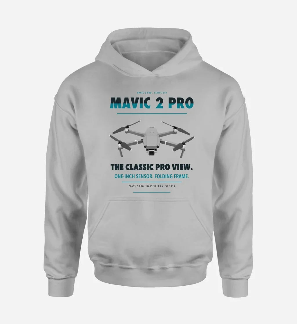DJI Mavic 2 Pro design on light gray hoodie single side