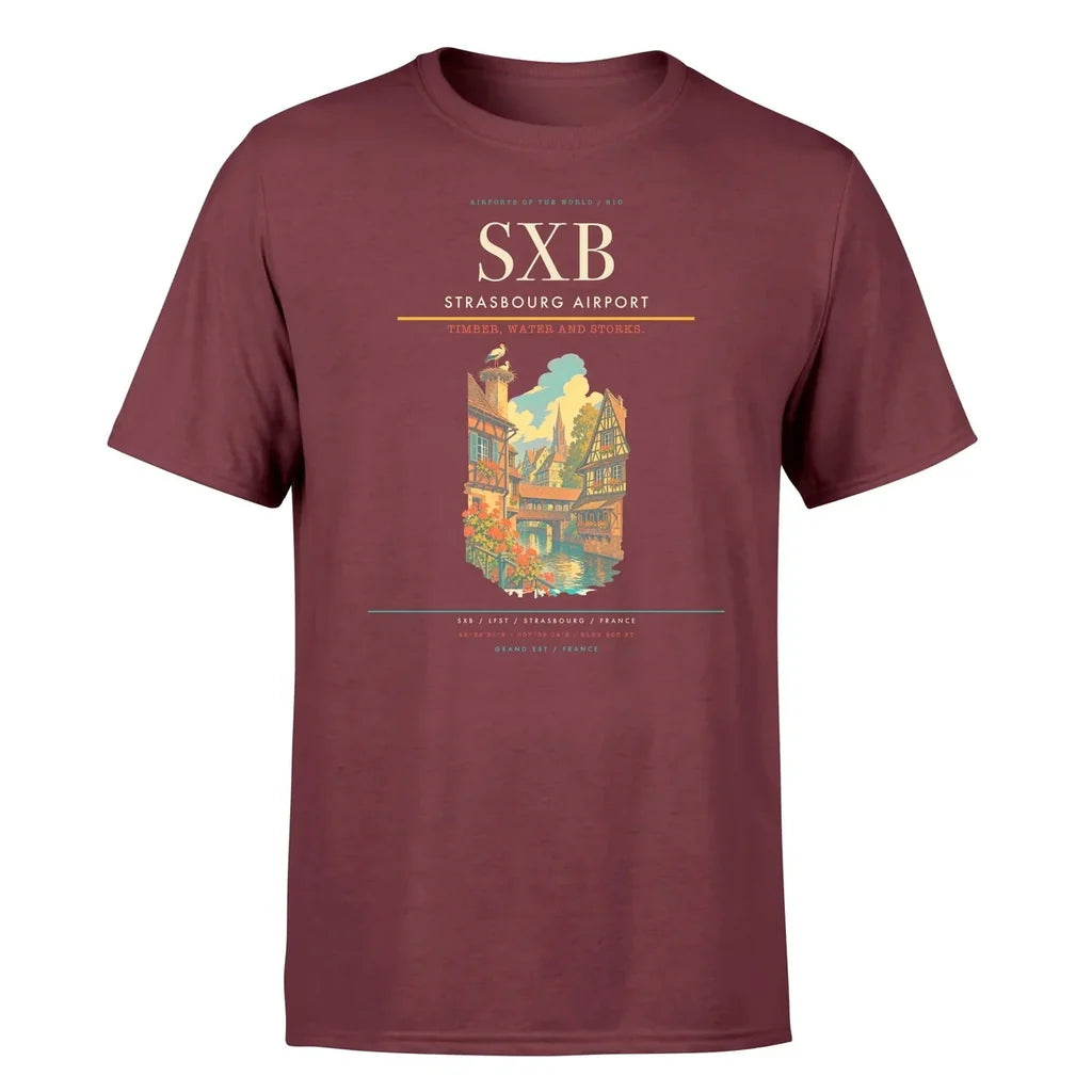 Strasbourg Airport (SXB) T-Shirt single-side front print in Dark Red | strasbourg-airport-sxb-double-side-t-shirt
