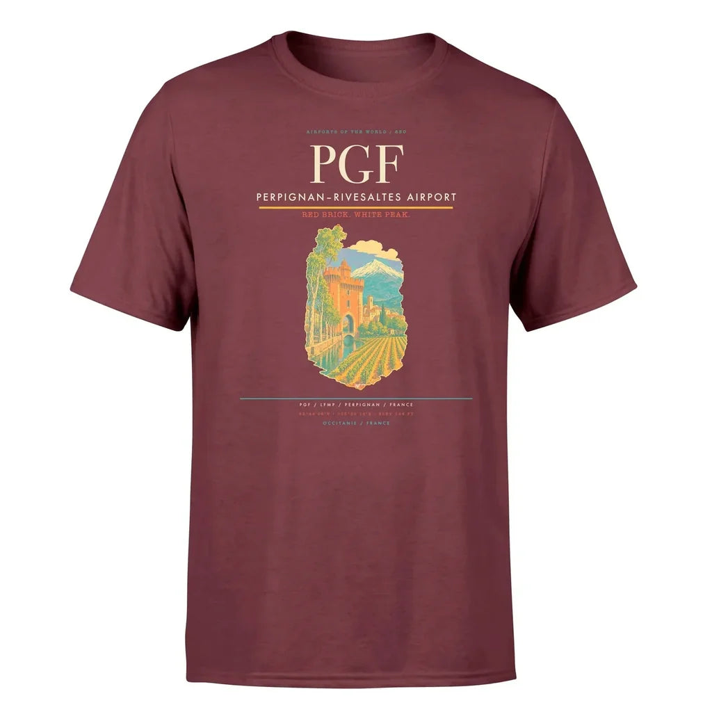 Perpignan–Rivesaltes Airport (PGF) T-Shirt single-side front print in Dark Red | perpignanrivesaltes-airport-pgf-double-side-t-shirt