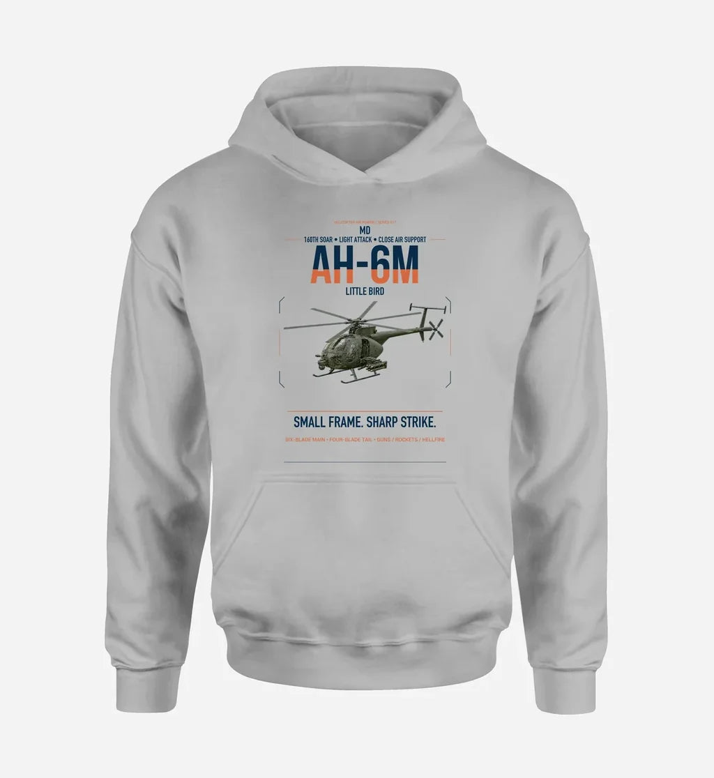MD AH-6M Little Bird design on light gray double-side hoodie, single-side print