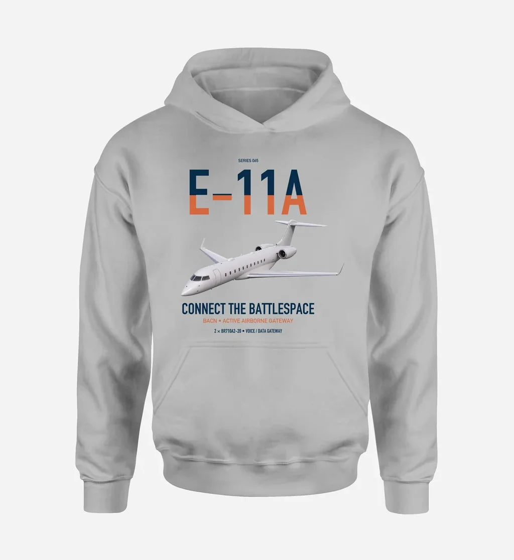 E-11A BACN design on light gray double-side hoodie, single-side print