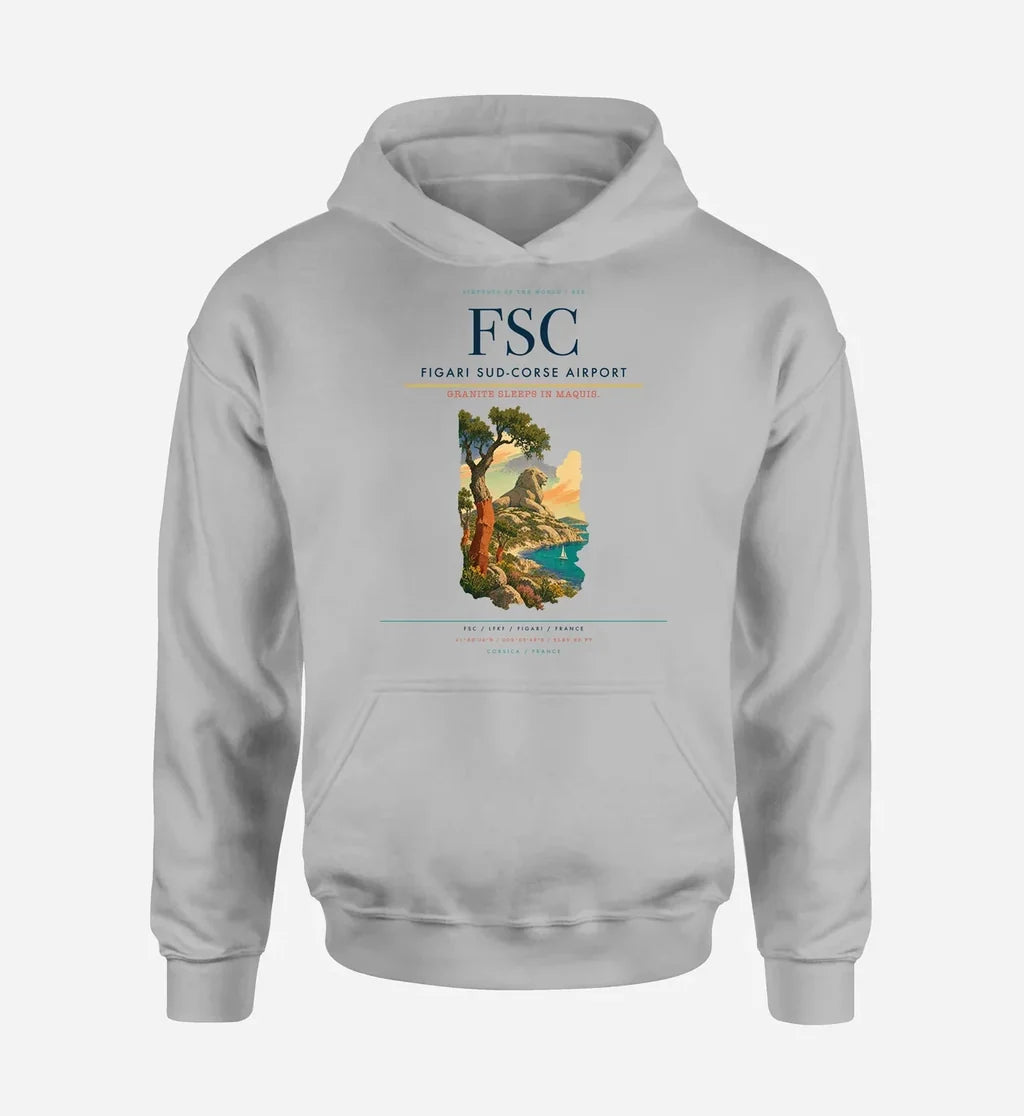 Figari Sud-Corse Airport (FSC) design on light gray hoodie single-side print