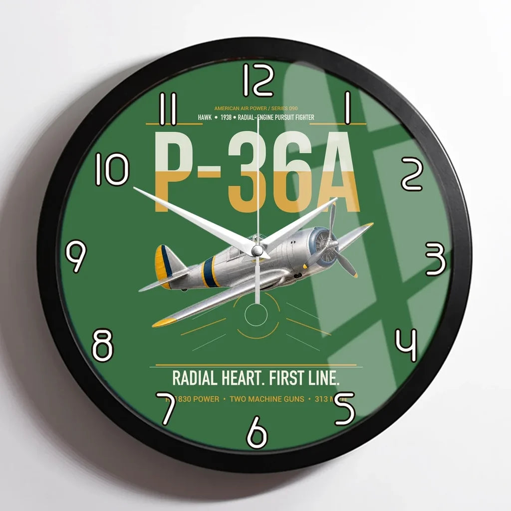P-36A Hawk design on green framed wall clock
