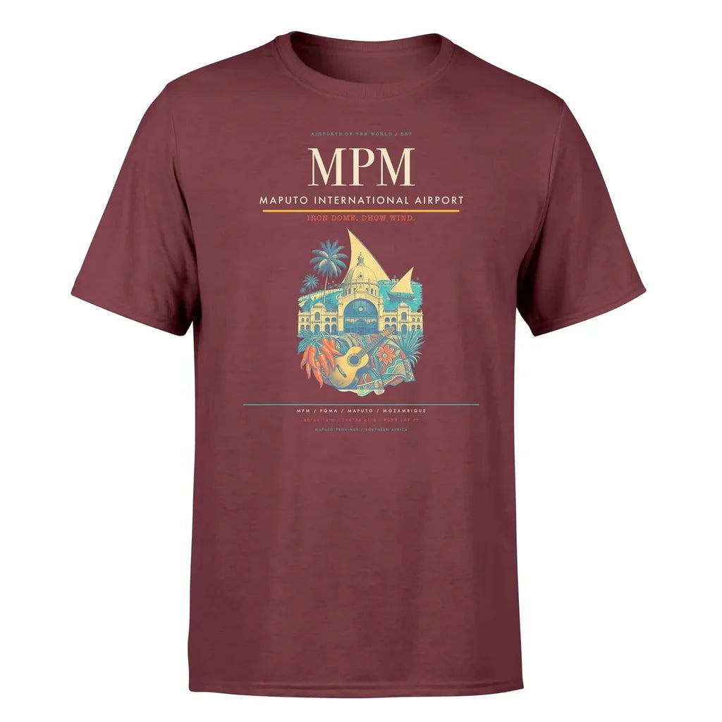 Maputo International Airport (MPM) T-Shirt single-side front print in Dark Red | maputo-international-airport-mpm-double-side-t-shirt