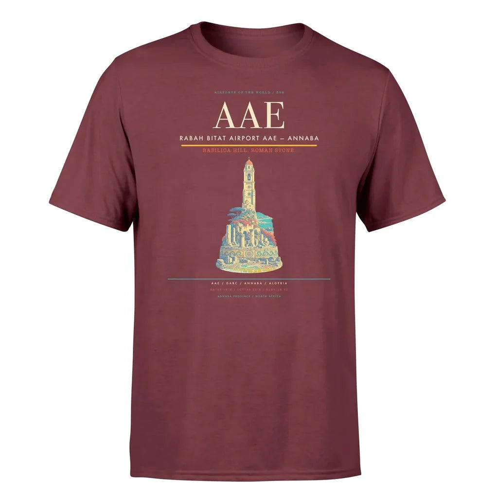 Rabah Bitat Airport (AAE) T-Shirt single-side front print in Dark Red | rabah-bitat-airport-aae-double-side-t-shirt