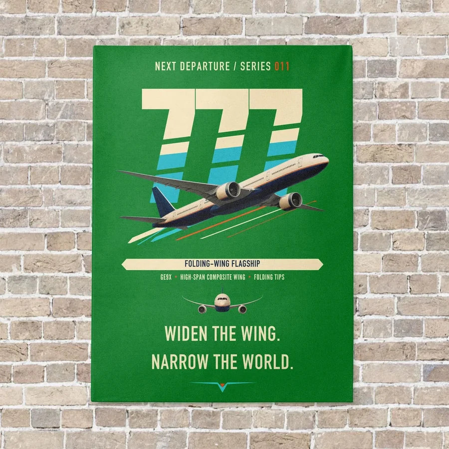 Boeing 777-9 vertical canvas print - no frame - green background