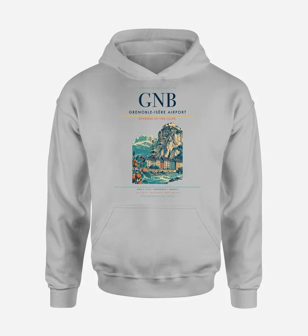 Grenoble-Isère Airport (GNB) design on light gray hoodie single-side print