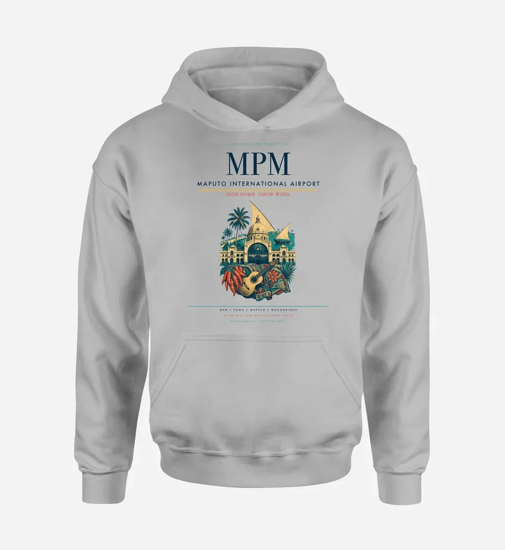 Maputo International Airport (MPM) design on light gray hoodie single-side print