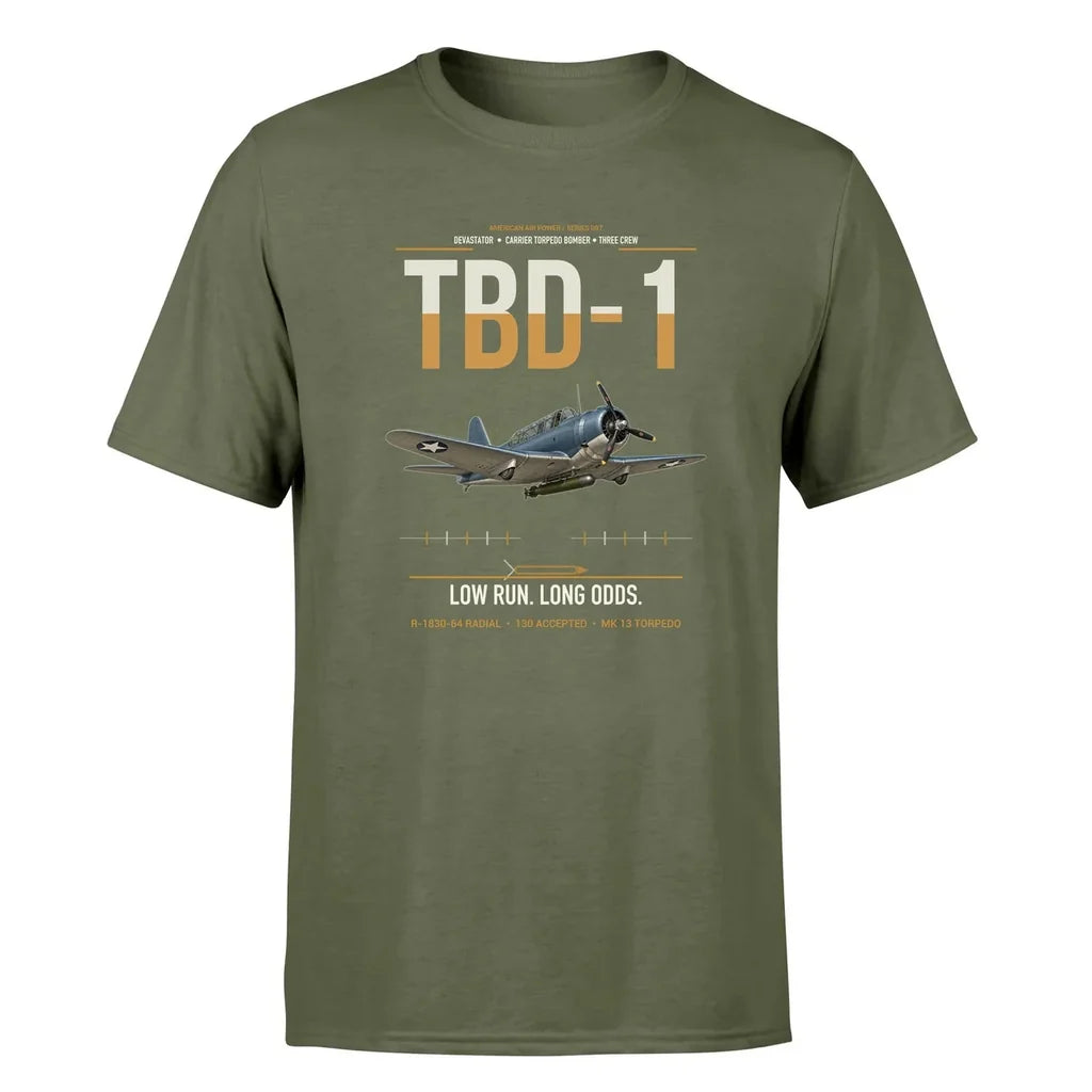 TBD-1 Devastator design on green army double-side t-shirt, single-side print