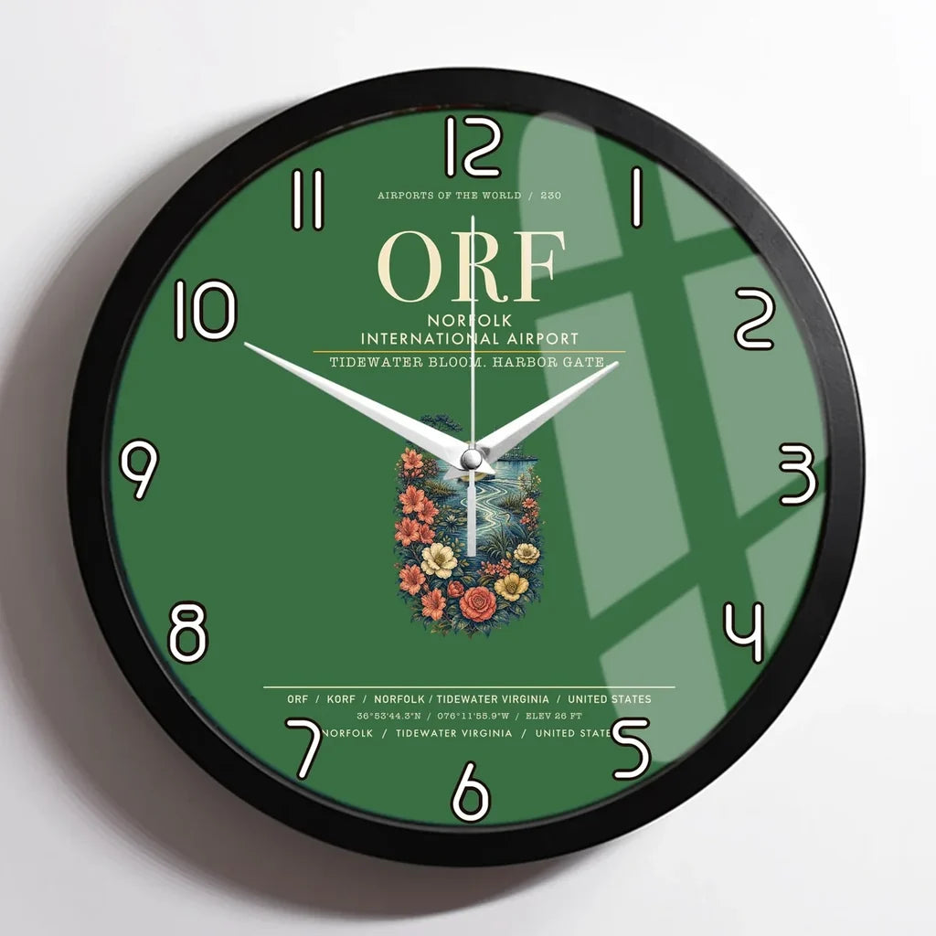Norfolk International Airport (ORF) design on green framed wall clock