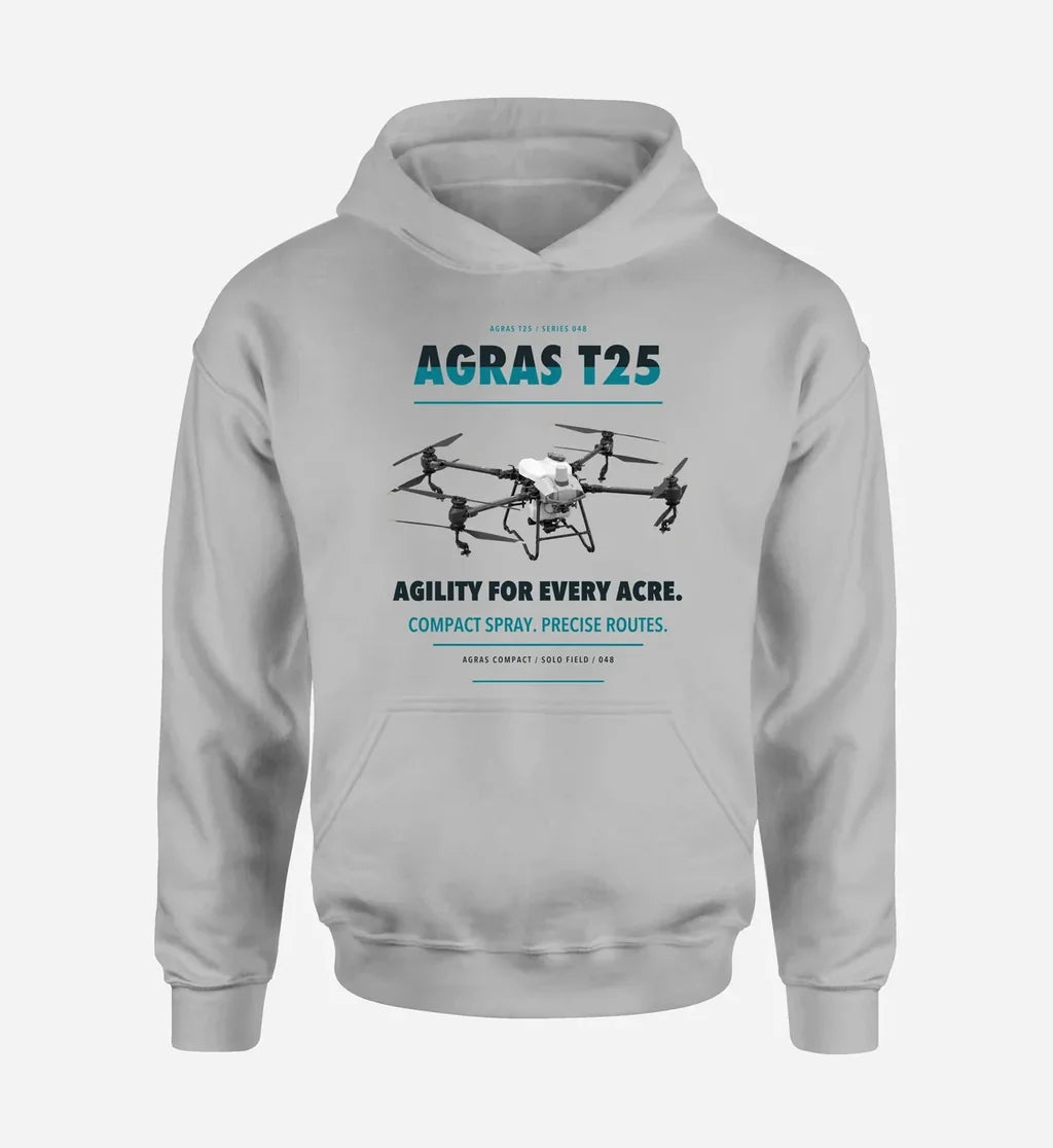 DJI Agras T25 design on light gray hoodie single side
