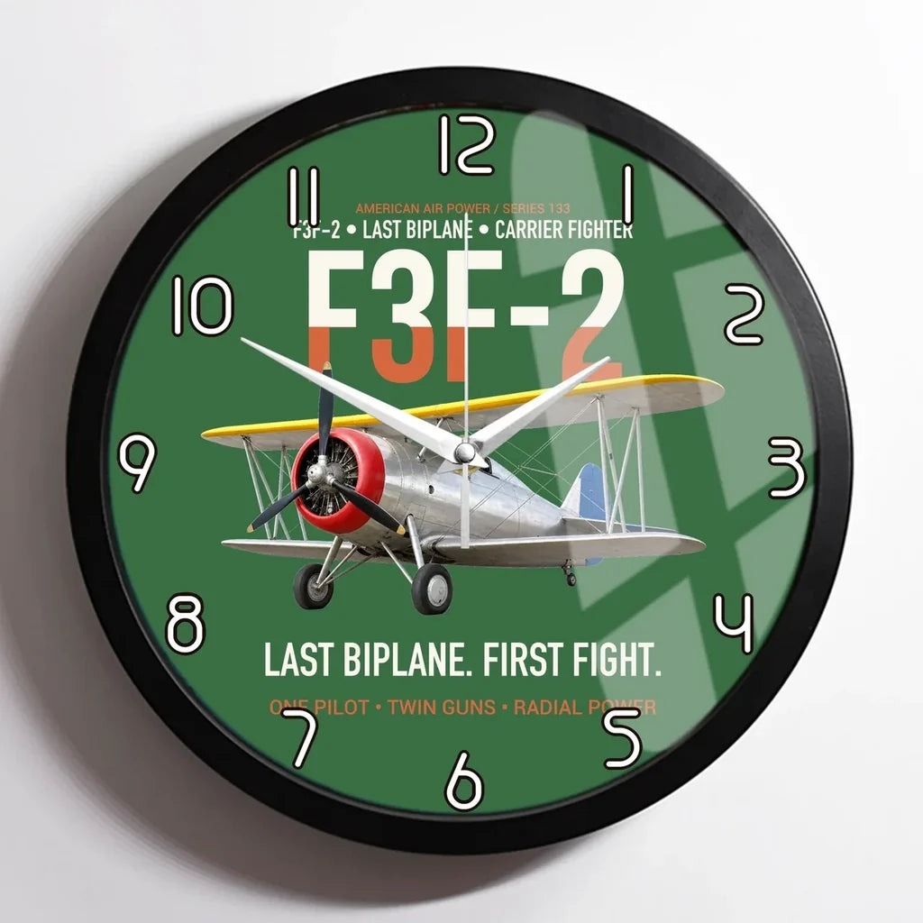 F3F-2 Last Biplane First Fight design on green framed wall clock
