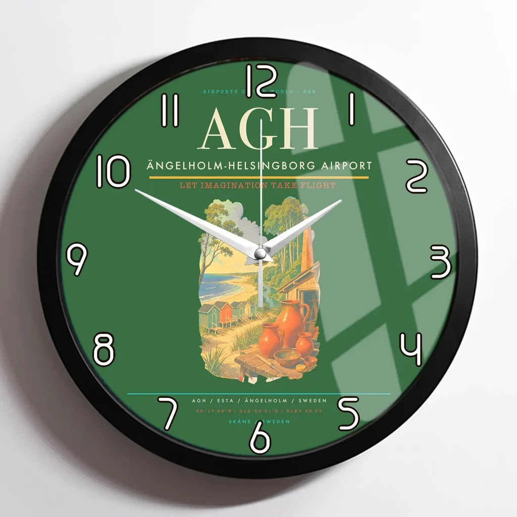 Ängelholm-Helsingborg Airport (AGH) design on green framed wall clock