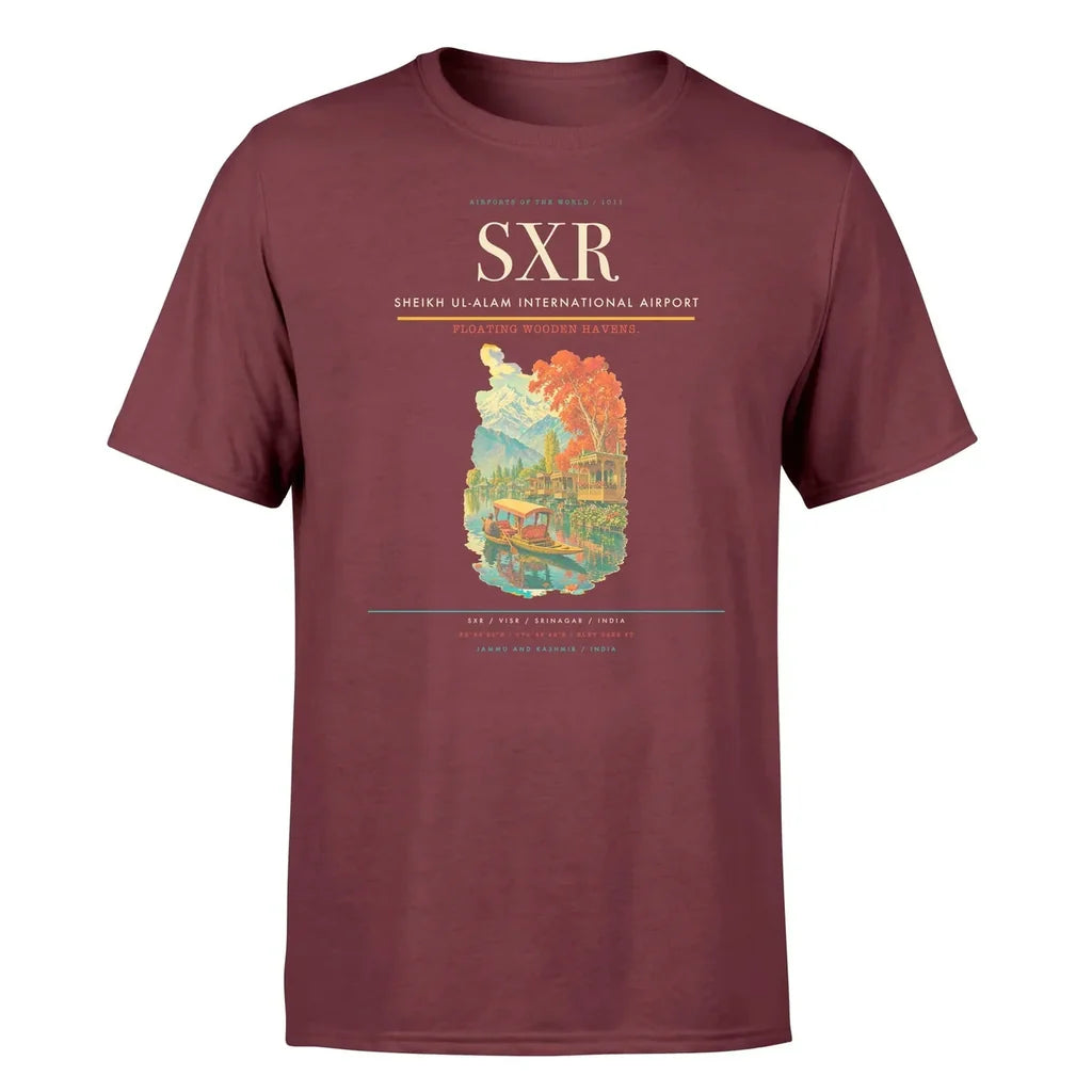 Sheikh ul-Alam International Airport (SXR) T-Shirt single-side front print in Dark Red | sheikh-ul-alam-international-airport-sxr-double-side-t-shirt