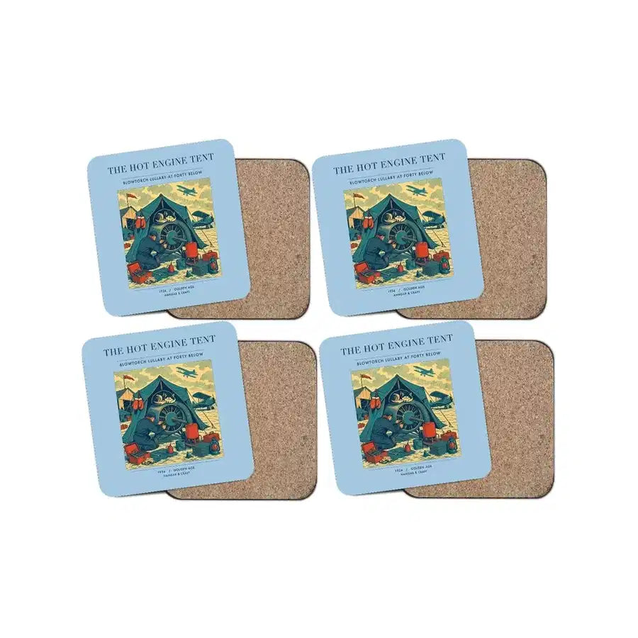 The Hot Engine Tent - Designed Coasters design on light blue 4-pieces-set
