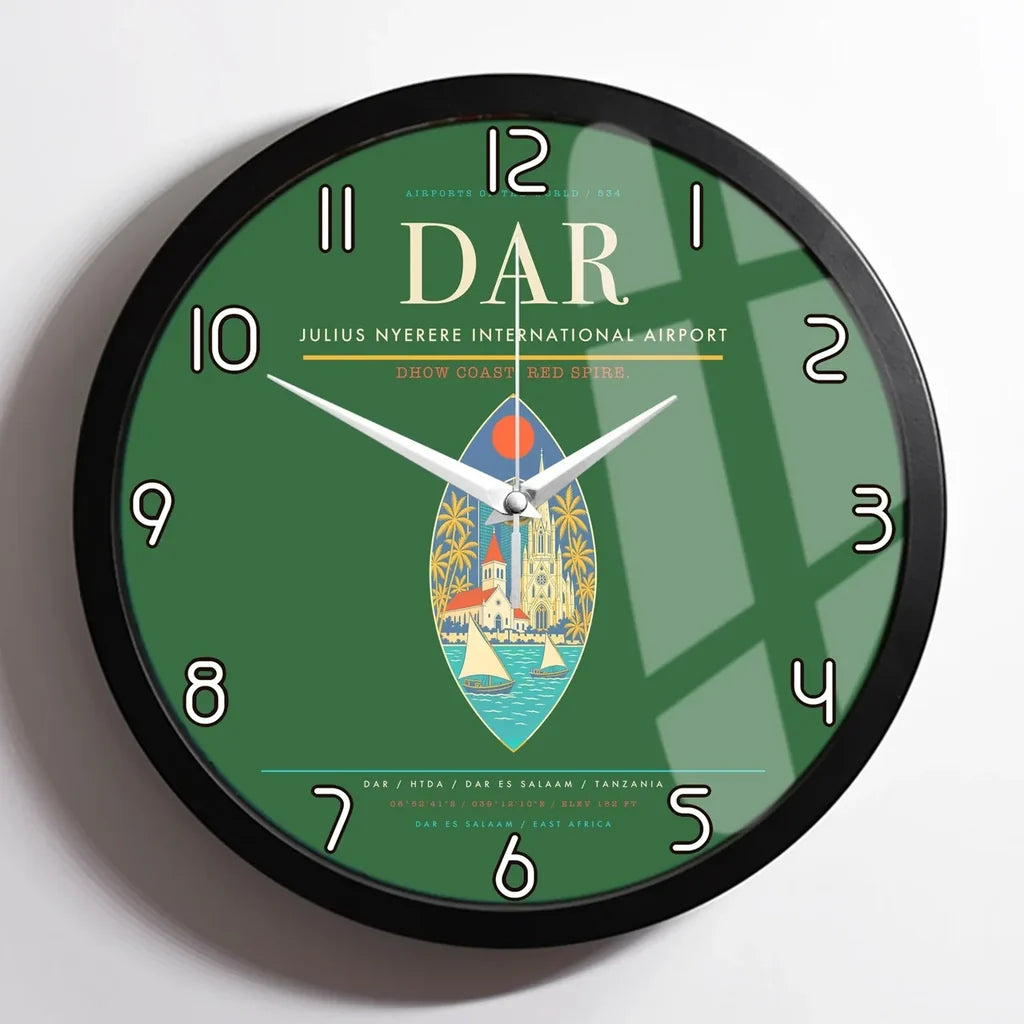 Julius Nyerere International Airport (DAR) design on green framed wall clock