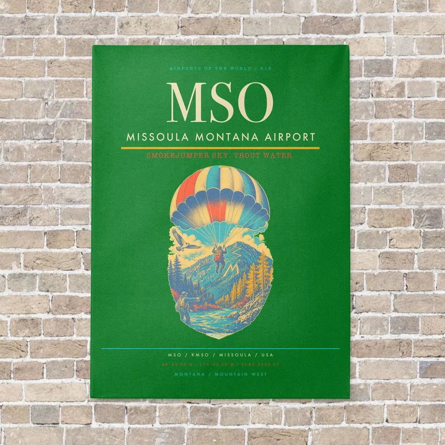 Missoula Montana Airport MSO vertical canvas print - no frame - green background